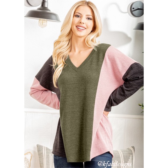 LAST 1! V Neck Soft Vertical Stripe Olive/Pink Color Block Top! - Picture 10 of 11
